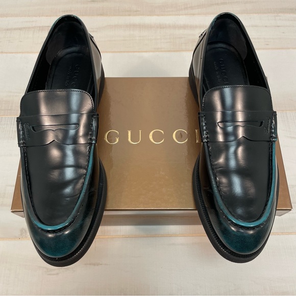 Gucci Men’s Black Leather Two-Tone Penny Loafer, Sz 8 Black Green - Picture 2 of 10